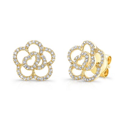 14KT Yellow Gold Diamond Camellia Flower Stud Earrings