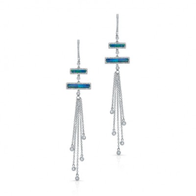 14KT White Gold Opal, Diamond and Sapphire Dangling Earrings