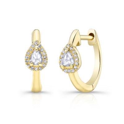 14KT Yellow Gold Pear Rose Cut Diamond With Halo Huggie Earrings