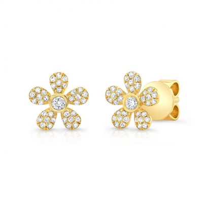 14KT Yellow Gold Diamond Daisy Flower Stud Earrings
