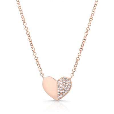 14KT Rose Gold Half Diamond Folded Heart Necklace