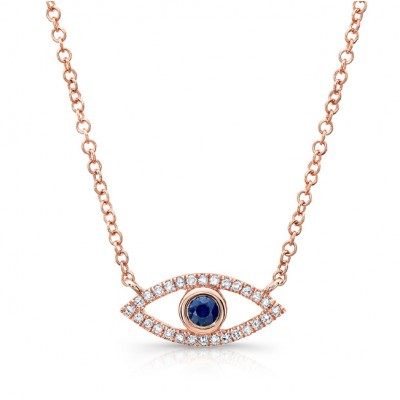 14KT Rose Gold Sapphire and Diamonds Evil Eye Necklace