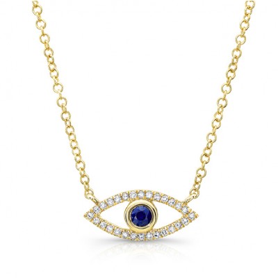 14KT Yellow Gold Sapphire and Diamonds Evil Eye Necklace