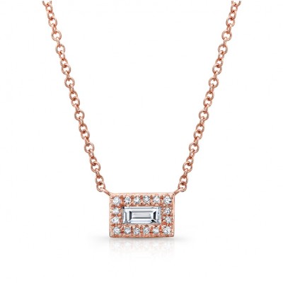 14KT Rose Gold Baguette Halo Diamond Necklace
