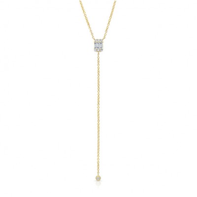 14KT Yellow Gold Baguette and Round Bezel Diamond Y-Necklace