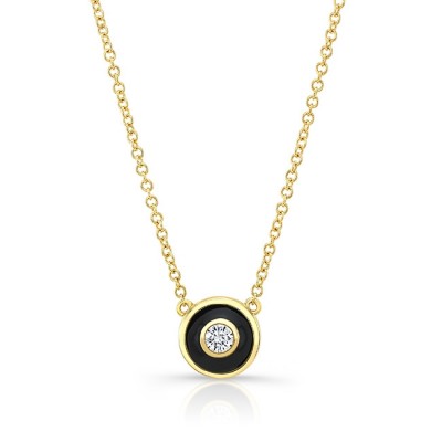 14KT Yellow Gold Circle Black Enamel Diamond Necklace