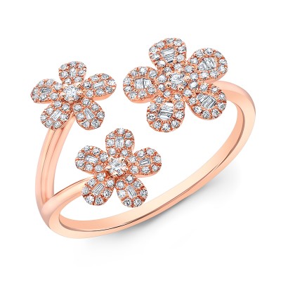 14KT Rose Gold 3 Daisy Flowers Diamond Ring