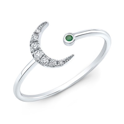 14KT White Gold Diamond Moon and Emerald Star Ring